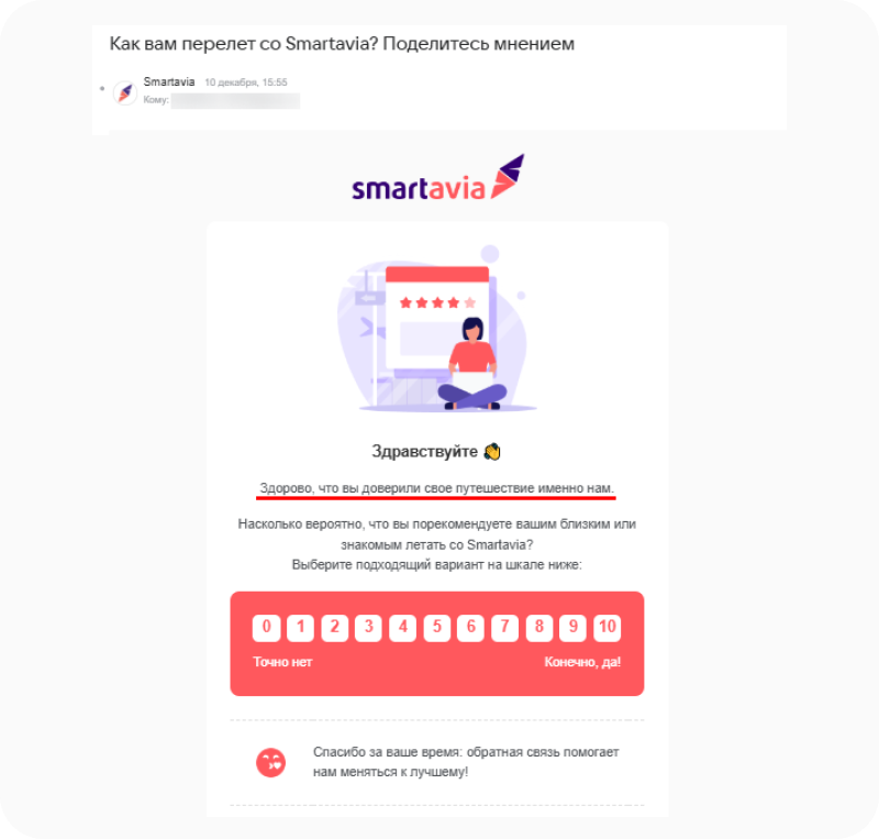 Авиакомпания Smartavia отправляет письмо с просьбой оценить перелёт